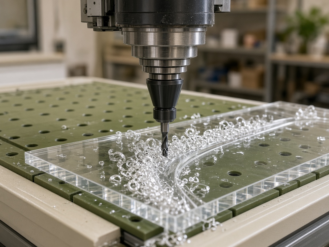 CNC router cutting a clear acrylic sheet