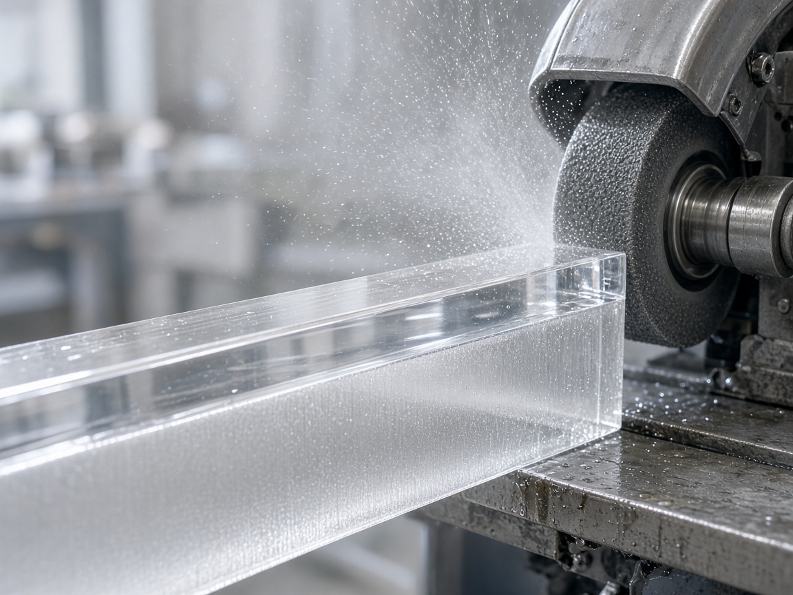 Diamond wheel polishing the edge of a clear acrylic bar